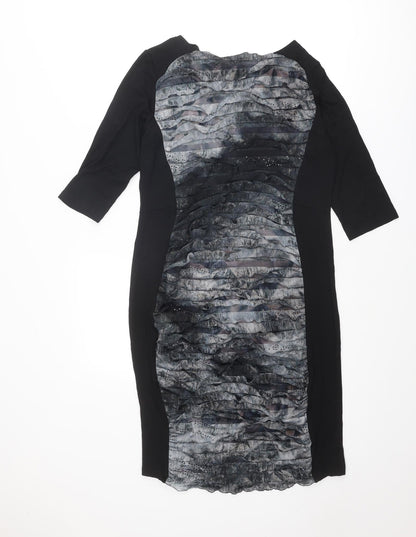 Blue Chameleon Womens Black Geometric Viscose Shift Size 14 Round Neck Pullover