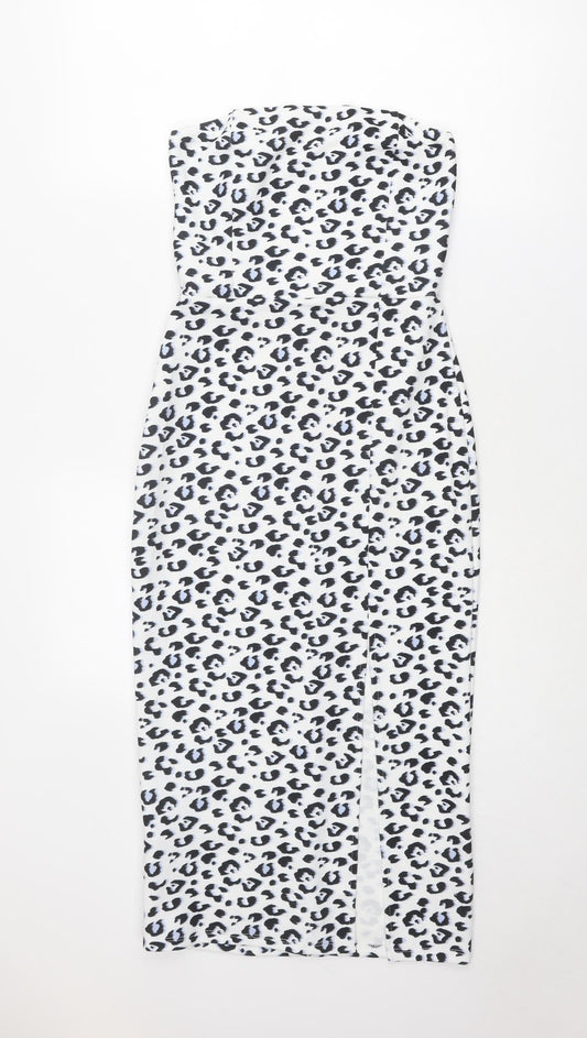 New Look Womens White Animal Print Polyester Shift Size 8 Off the Shoulder Pullover - Leopard Print