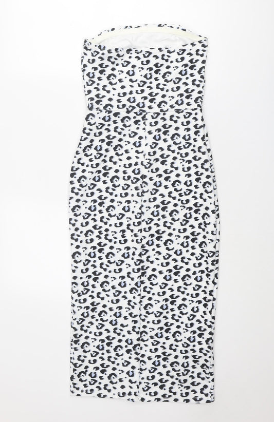 New Look Womens White Animal Print Polyester Shift Size 8 Off the Shoulder Pullover - Leopard Print