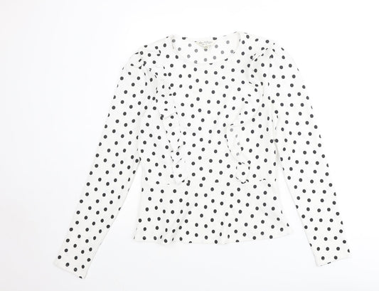 Miss Selfridge Womens White Polka Dot Polyester Basic Blouse Size 10 Crew Neck