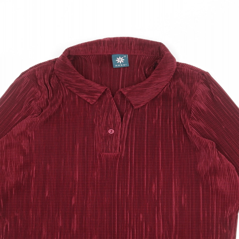 Amber Womens Red Polyester Basic T-Shirt Size 22 Collared