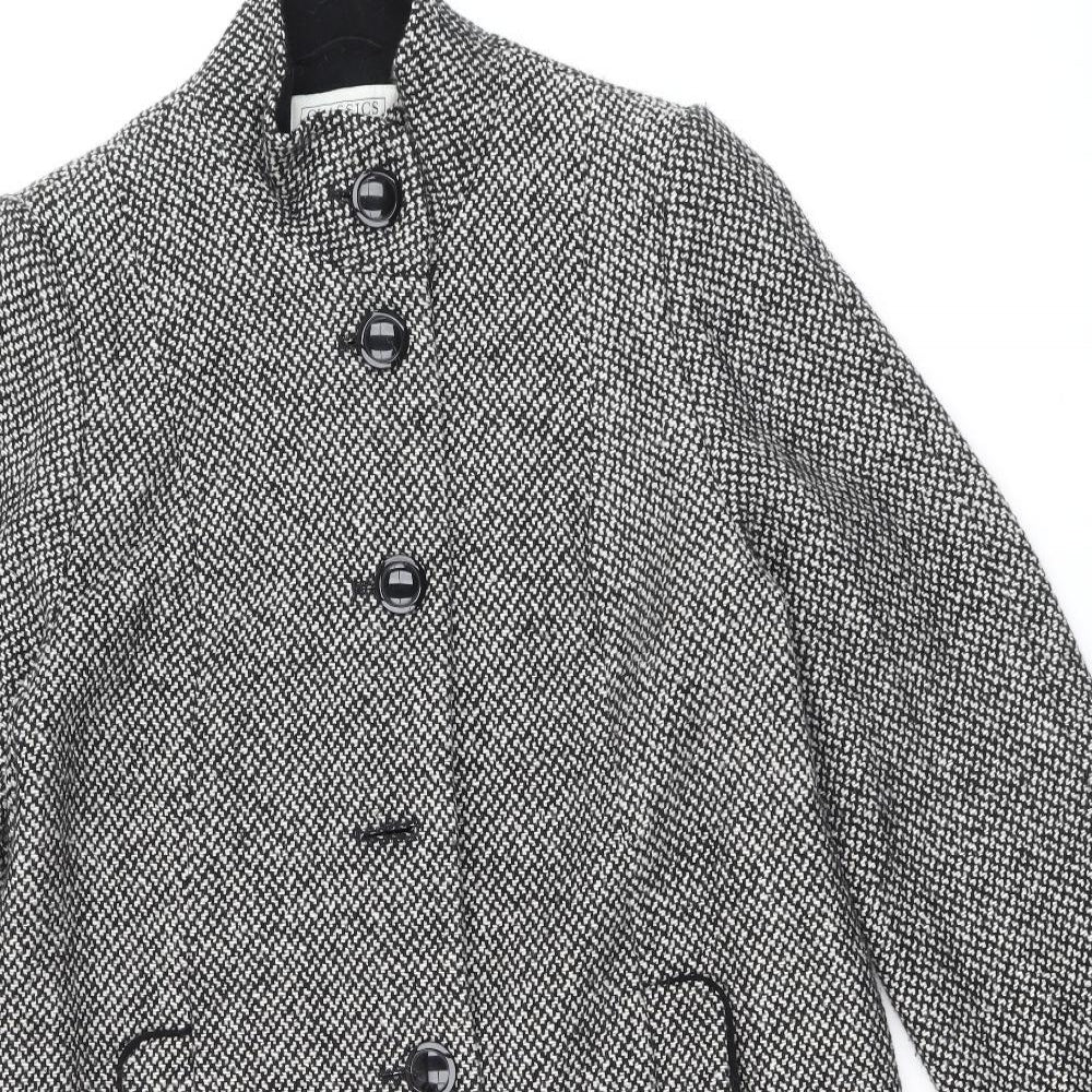 Classics Womens Black Geometric Overcoat Coat Size 12 Button