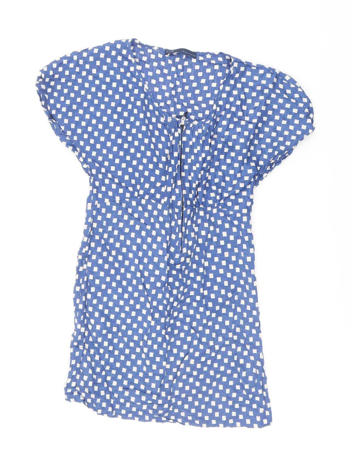 Zara Womens Blue Geometric Polyester A-Line Size S Round Neck Zip