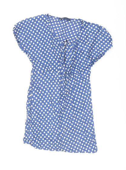 Zara Womens Blue Geometric Polyester A-Line Size S Round Neck Zip