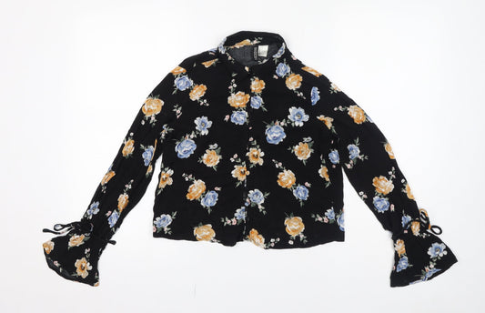 Divided by H&M Womens Black Floral Viscose Basic Button-Up Size 6 Collared