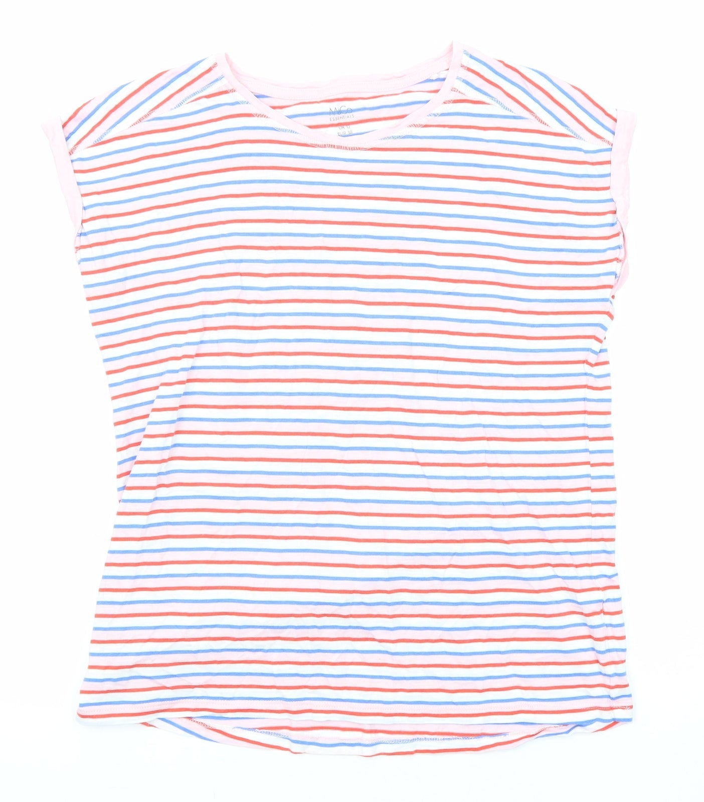 M&Co Womens Multicoloured Striped Cotton Basic T-Shirt Size 12 Round Neck