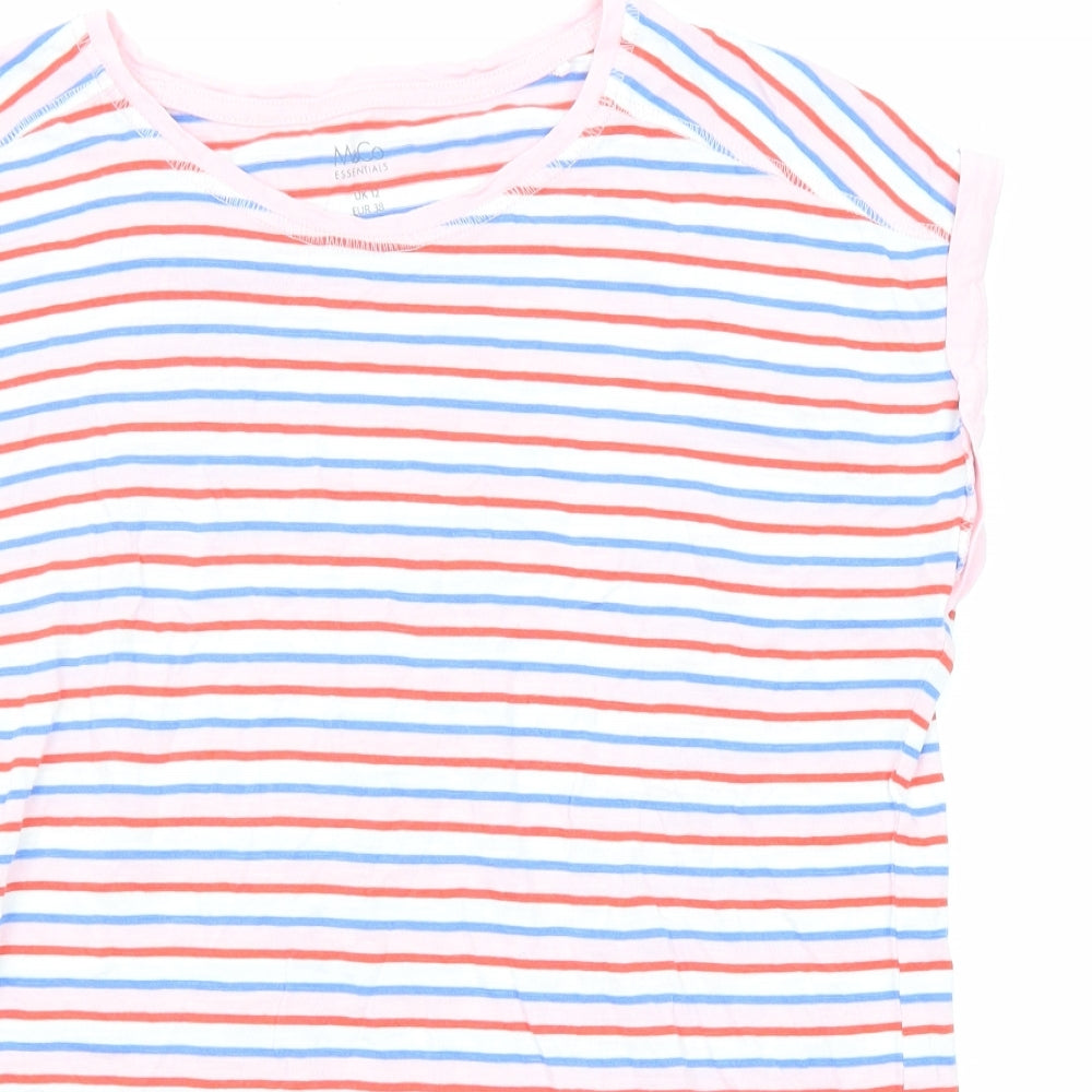 M&Co Womens Multicoloured Striped Cotton Basic T-Shirt Size 12 Round Neck