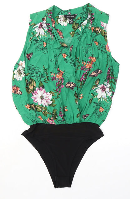 New Look Womens Green Floral Viscose Bodysuit One-Piece Size 8 Snap