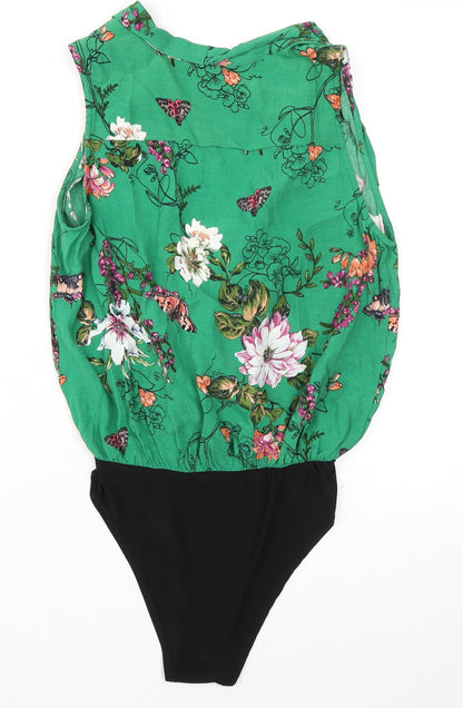 New Look Womens Green Floral Viscose Bodysuit One-Piece Size 8 Snap