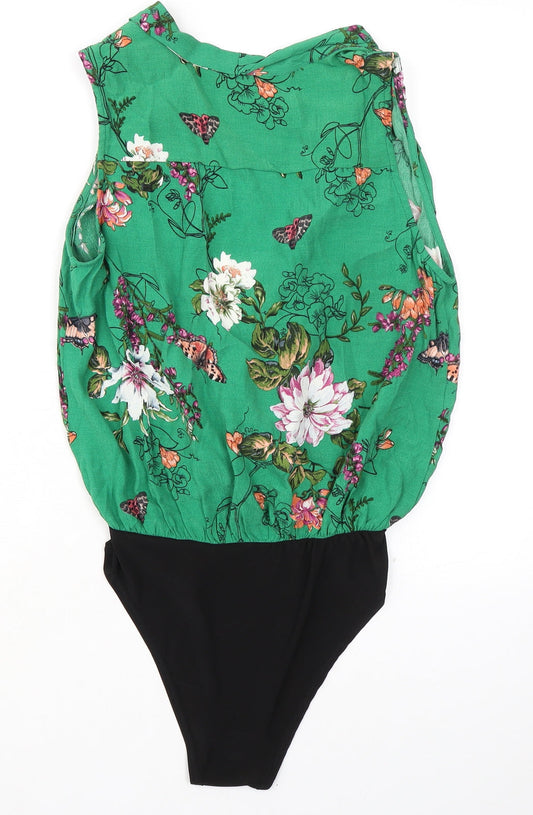 New Look Womens Green Floral Viscose Bodysuit One-Piece Size 8 Snap