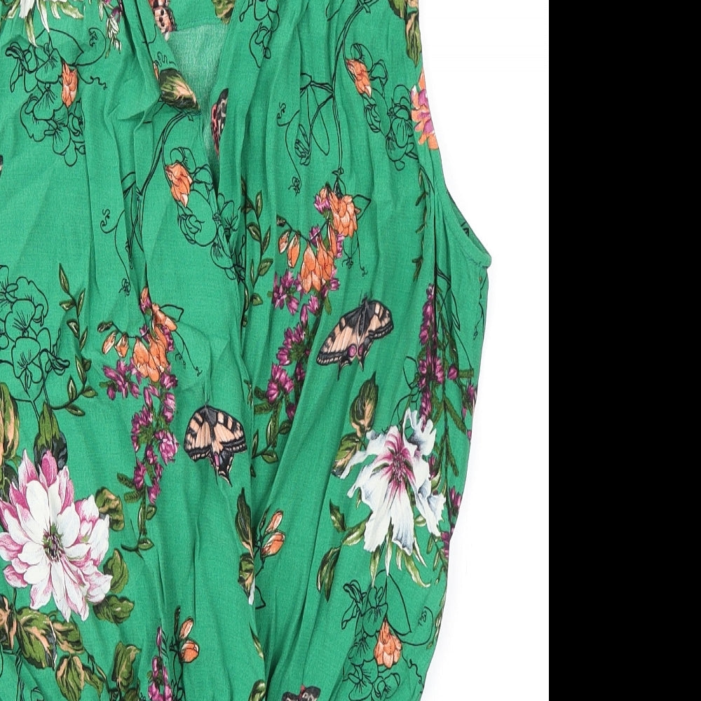 New Look Womens Green Floral Viscose Bodysuit One-Piece Size 8 Snap