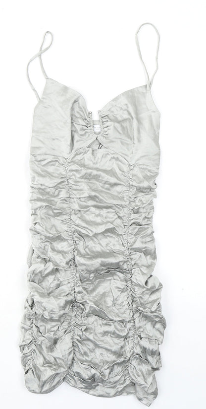 Zara Womens Silver Viscose Bodycon Size M V-Neck Zip