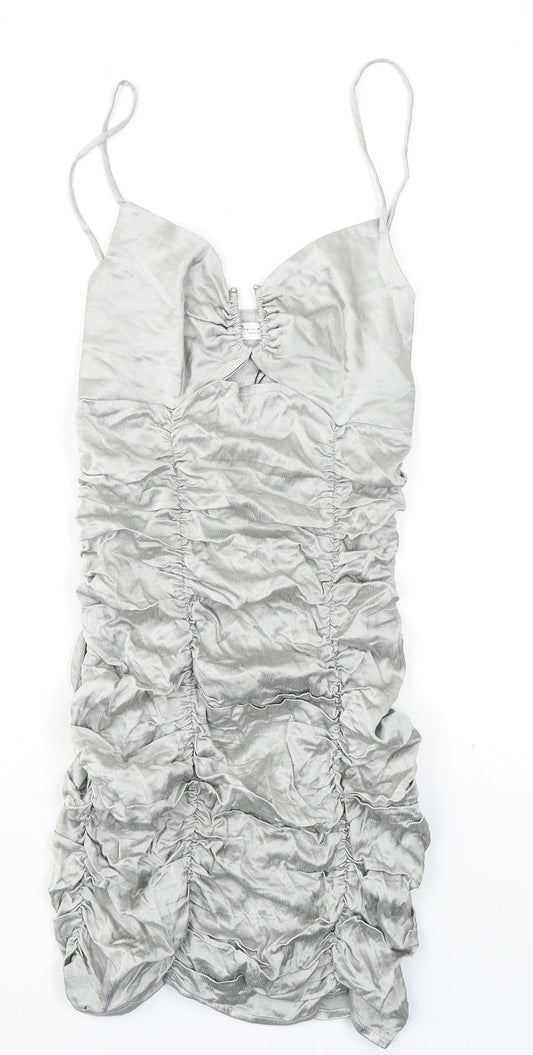 Zara Womens Silver Viscose Bodycon Size M V-Neck Zip
