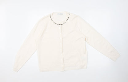 Classic Womens Beige Round Neck Acrylic Cardigan Jumper Size 12