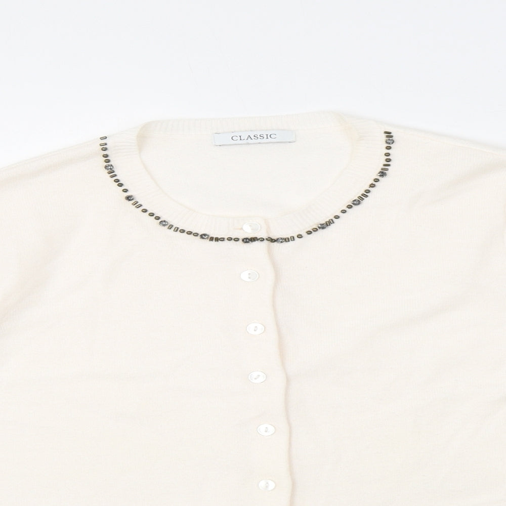 Classic Womens Beige Round Neck Acrylic Cardigan Jumper Size 12