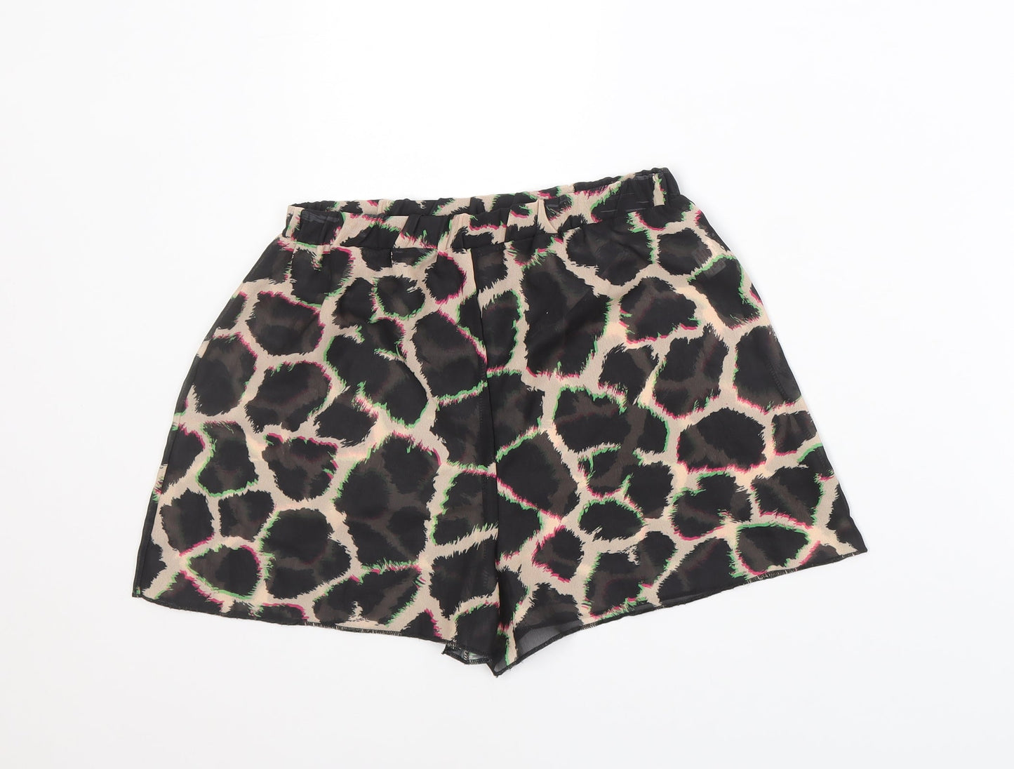 PRETTYLITTLETHING Womens Multicoloured Animal Print Polyester Basic Shorts Size 4 Regular Pull On - Giraffe Print, Sheer, 3 Inch Inside Leg