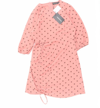 PRETTYLITTLETHING Womens Pink Polka Dot Polyester A-Line Size 12 Round Neck Zip