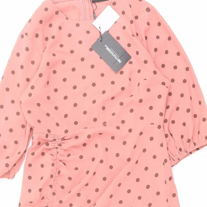 PRETTYLITTLETHING Womens Pink Polka Dot Polyester A-Line Size 12 Round Neck Zip