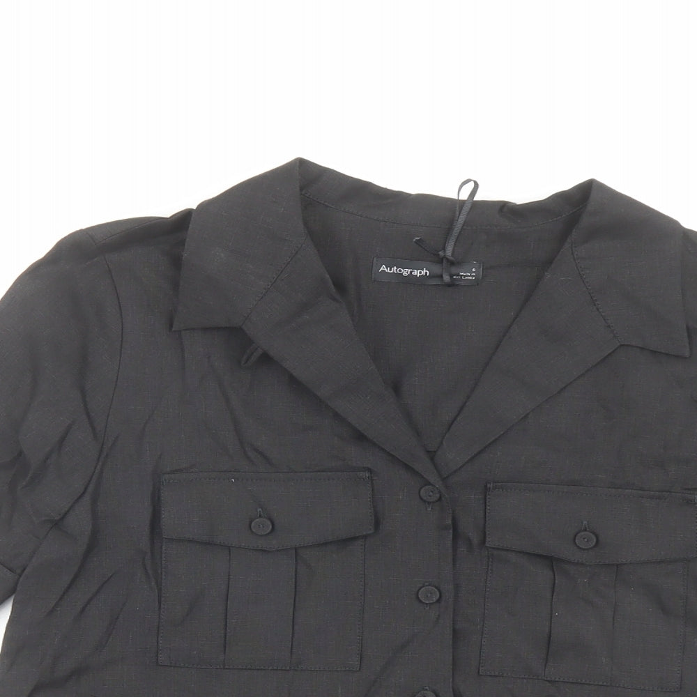 Autograph Womens Black Linen Basic Button-Up Size 6 Collared