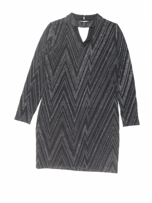 Oasis Womens Black Geometric Polyamide A-Line Size M Round Neck Button