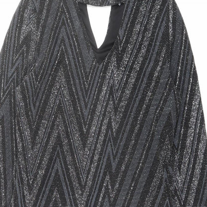 Oasis Womens Black Geometric Polyamide A-Line Size M Round Neck Button