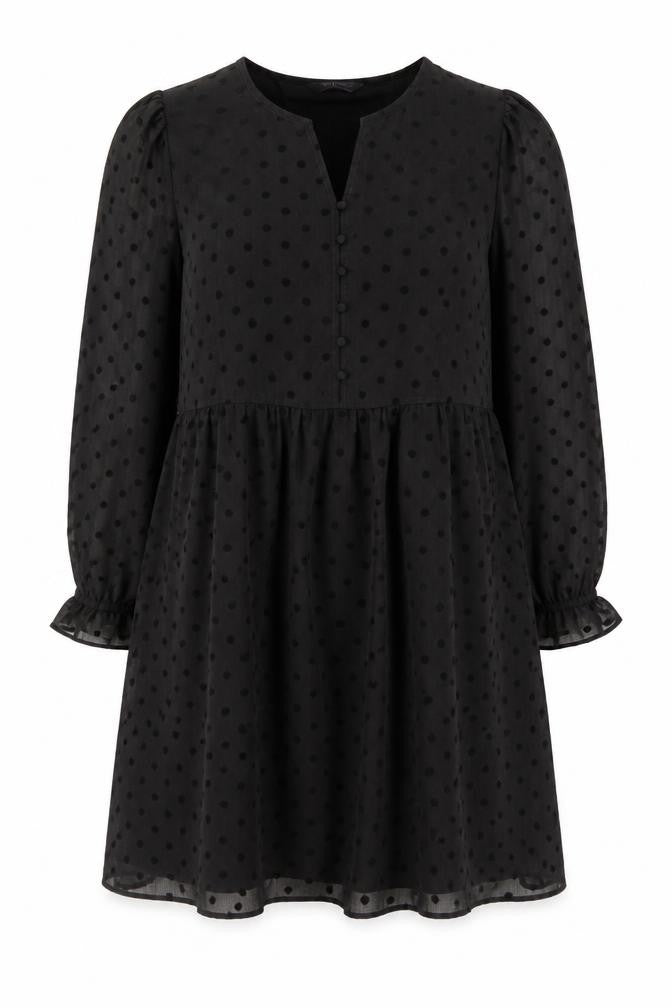 Marks and Spencer Womens Black Polka Dot Polyester A-Line Size 12 V-Neck Button