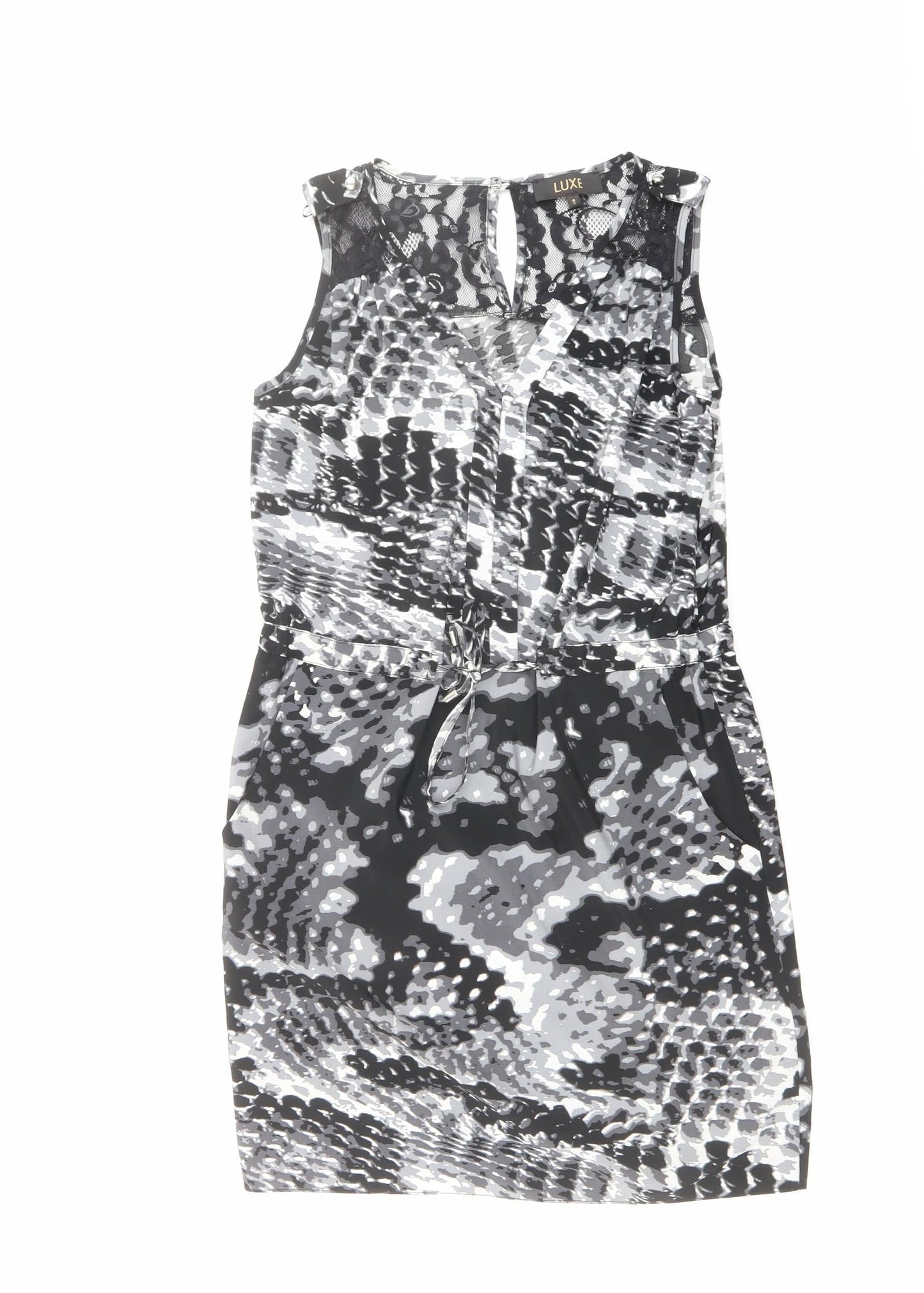 Luxe Womens Black Geometric Polyester Shift Size 8 V-Neck Button