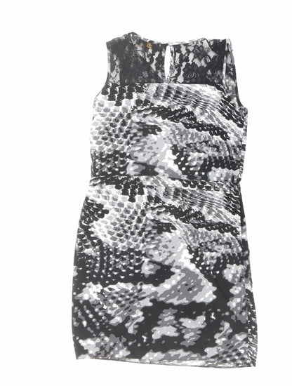 Luxe Womens Black Geometric Polyester Shift Size 8 V-Neck Button