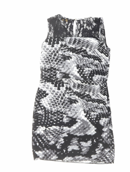 Luxe Womens Black Geometric Polyester Shift Size 8 V-Neck Button