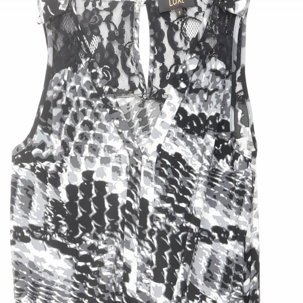 Luxe Womens Black Geometric Polyester Shift Size 8 V-Neck Button