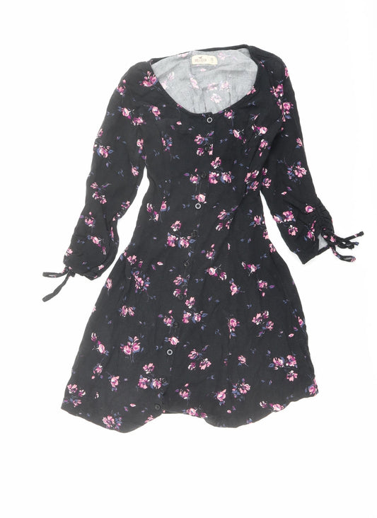 Hollister Womens Black Floral Viscose A-Line Size XS Round Neck Button