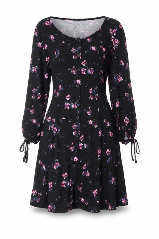 Hollister Womens Black Floral Viscose A-Line Size XS Round Neck Button