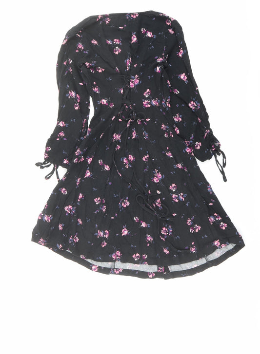 Hollister Womens Black Floral Viscose A-Line Size XS Round Neck Button