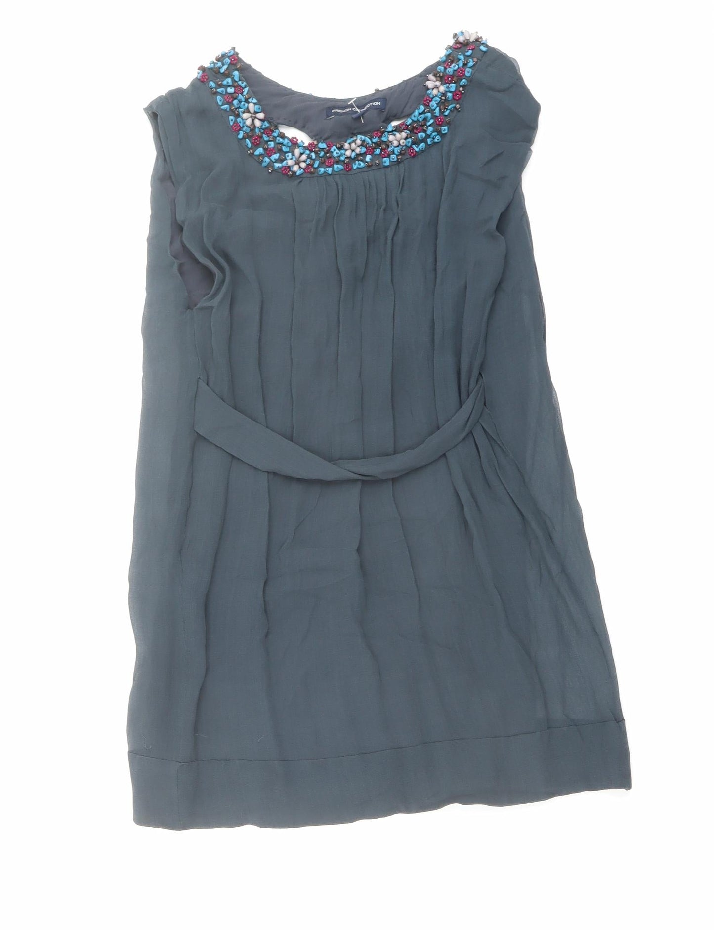 French Connection Womens Blue Silk Basic Blouse Size 10 Boat Neck - Embellished