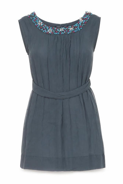 French Connection Womens Blue Silk Basic Blouse Size 10 Boat Neck - Embellished