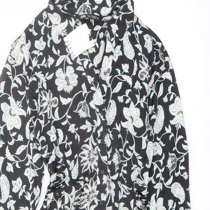 Zara Womens Black Floral Polyester A-Line Size XS Collared Button