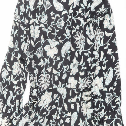 Zara Womens Black Floral Polyester A-Line Size XS Collared Button