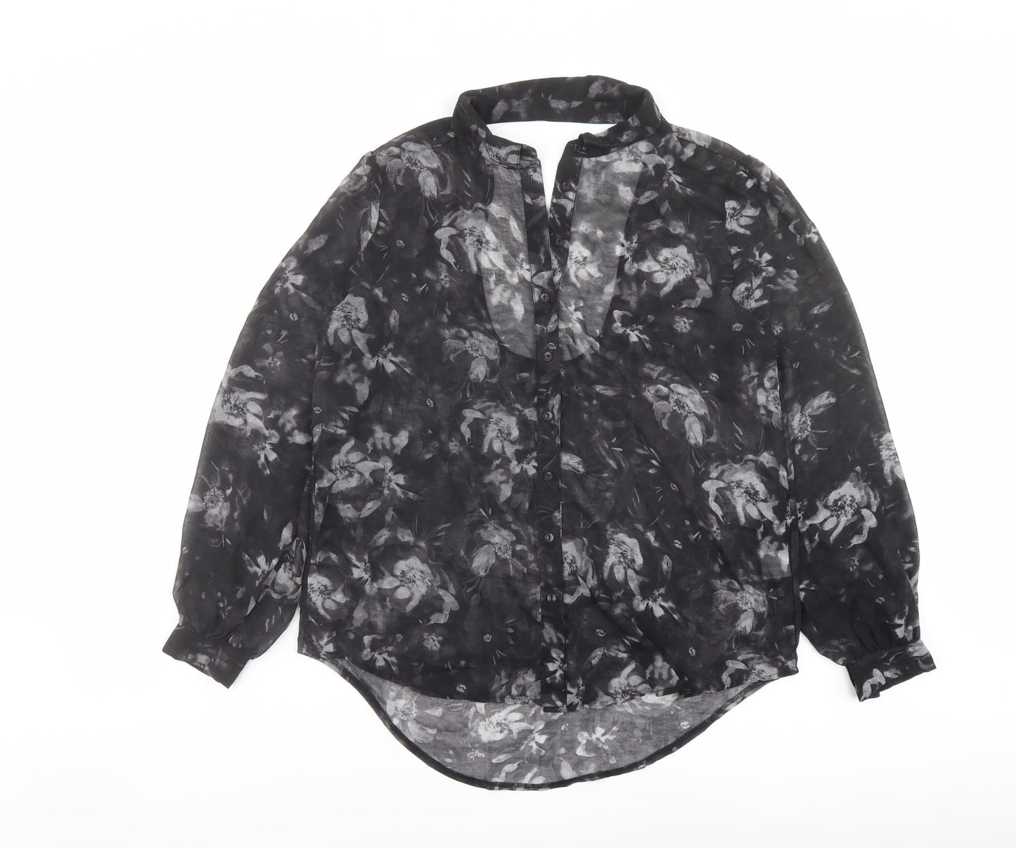 Sparkle & Fade Womens Black Geometric Polyester Basic Button-Up Size M Collared - Cut Out Detail