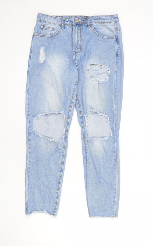 PRETTYLITTLETHING Womens Blue Cotton Tapered Jeans Size 10 L26 in Regular Zip - Raw Hem