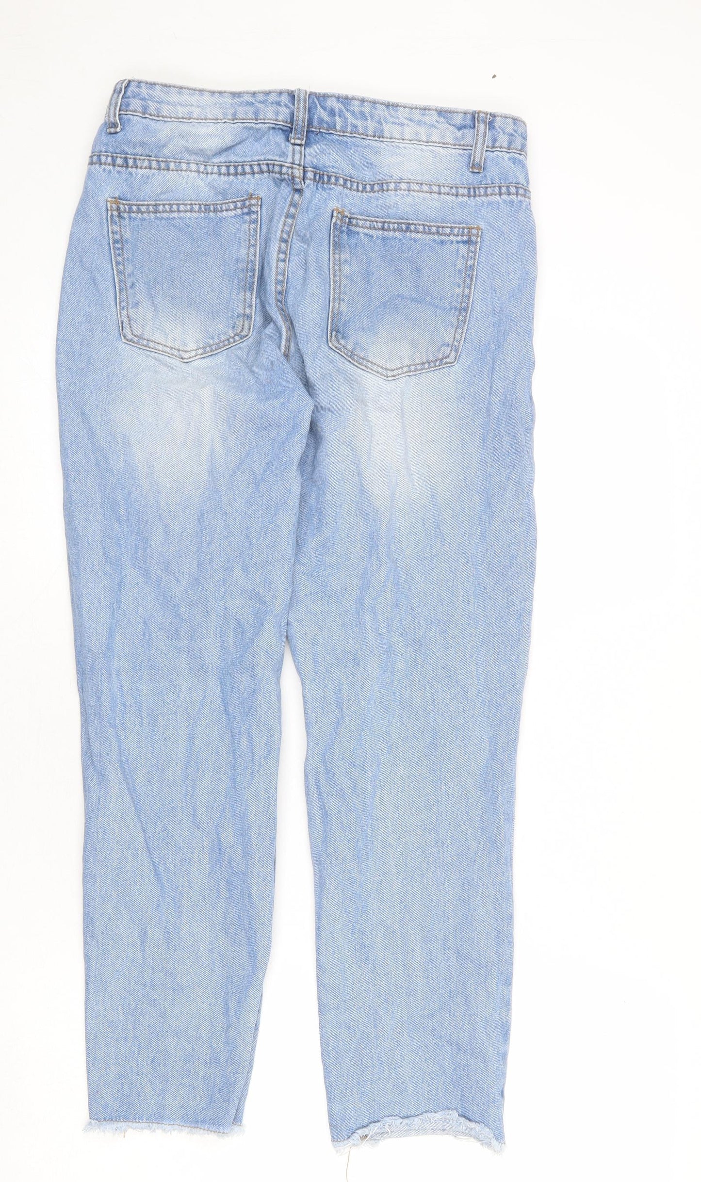 PRETTYLITTLETHING Womens Blue Cotton Tapered Jeans Size 10 L26 in Regular Zip - Raw Hem