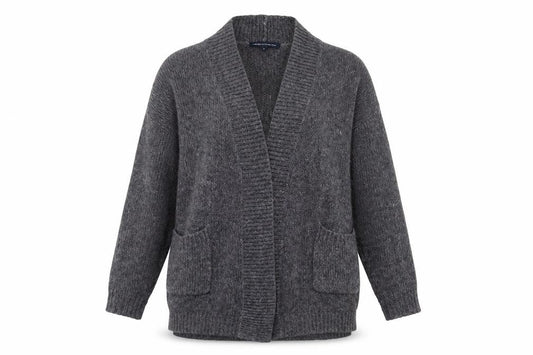 Front view of French Connection women’s grey v-neck acrylic cardigan jumper, size S