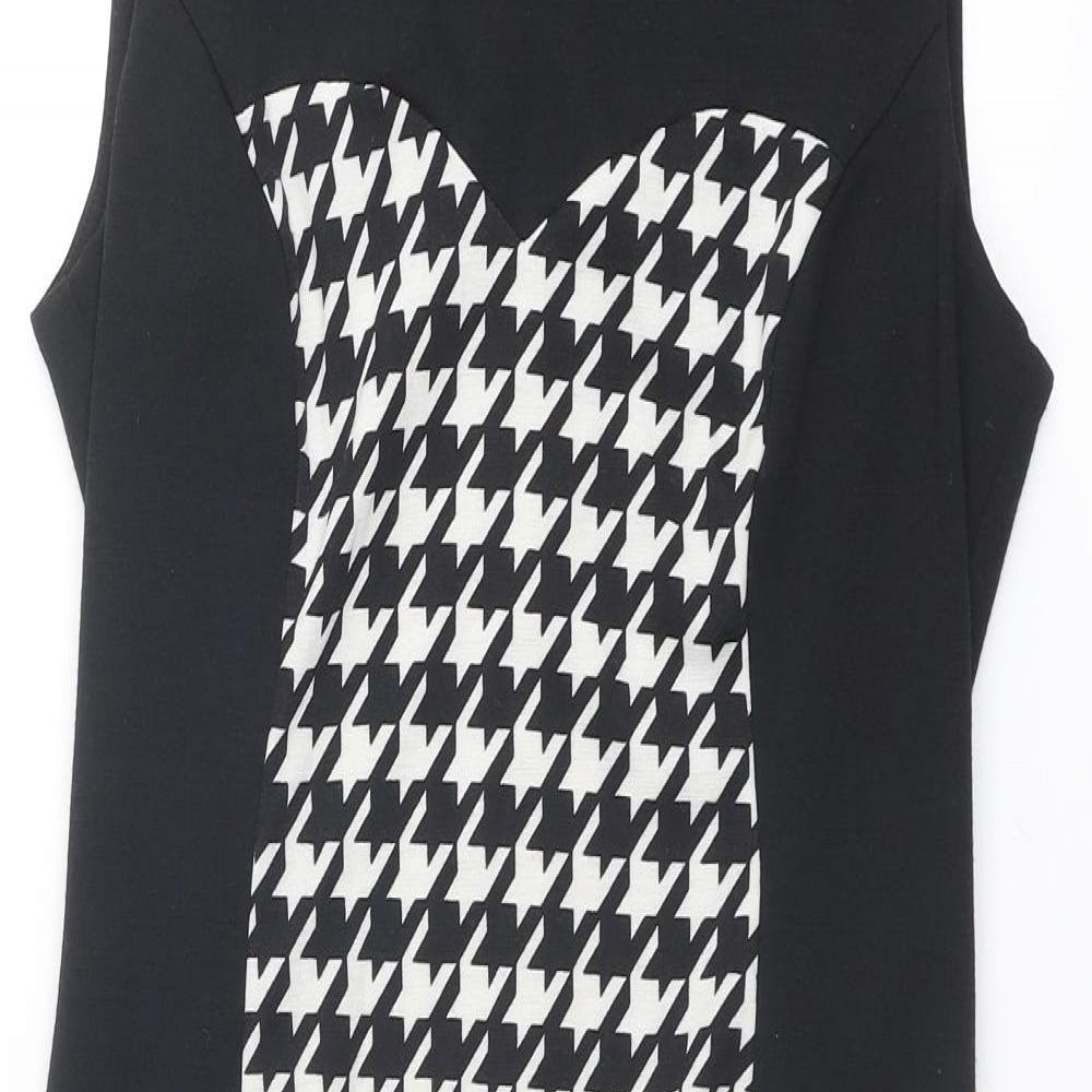 M&Co Womens Black Houndstooth Polyester Shift Size 12 Round Neck Zip