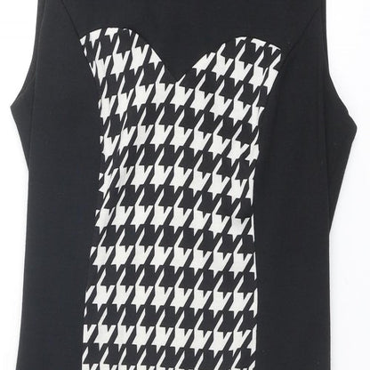 M&Co Womens Black Houndstooth Polyester Shift Size 12 Round Neck Zip