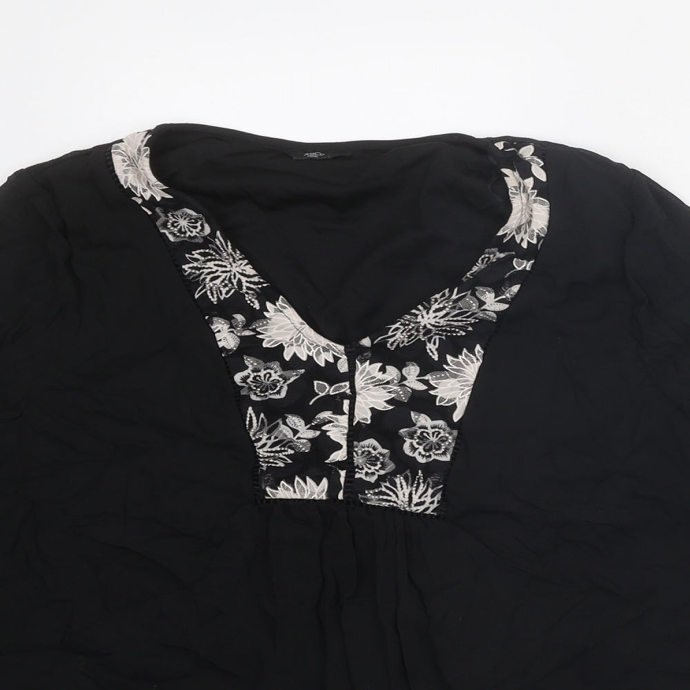M&Co Womens Black Polyester Basic Blouse Size 16 V-Neck