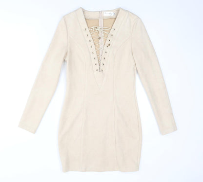 Ashanti Brazil Womens Beige Polyester Bodycon Size 10 V-Neck Zip
