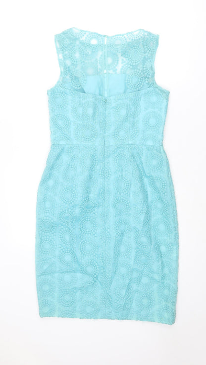 Maggy London Womens Blue Geometric Polyester Shift Size 10 Round Neck Zip