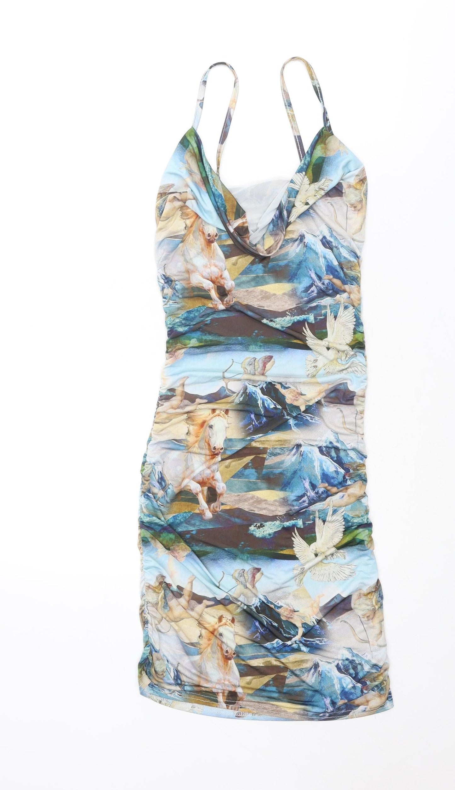 PRETTYLITTLETHING Womens Multicoloured Geometric Polyester Bodycon Size 6 Cowl Neck Pullover - Horses Print