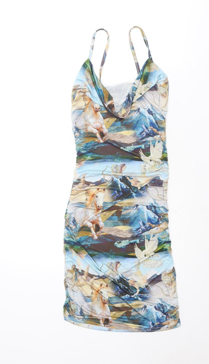 PRETTYLITTLETHING Womens Multicoloured Geometric Polyester Bodycon Size 6 Cowl Neck Pullover - Horses Print