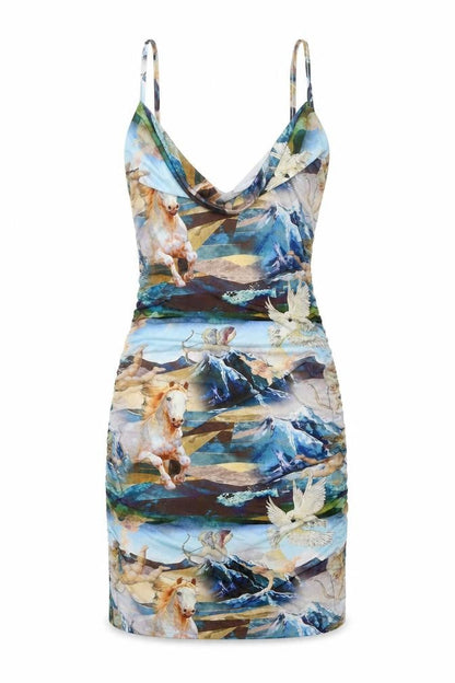 PRETTYLITTLETHING Womens Multicoloured Geometric Polyester Bodycon Size 6 Cowl Neck Pullover - Horses Print
