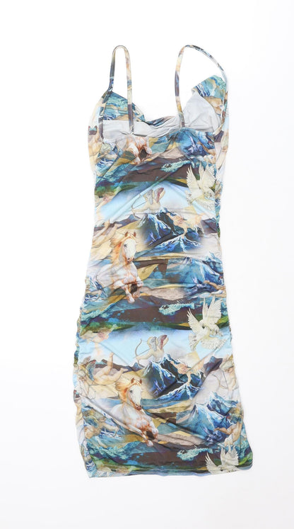 PRETTYLITTLETHING Womens Multicoloured Geometric Polyester Bodycon Size 6 Cowl Neck Pullover - Horses Print